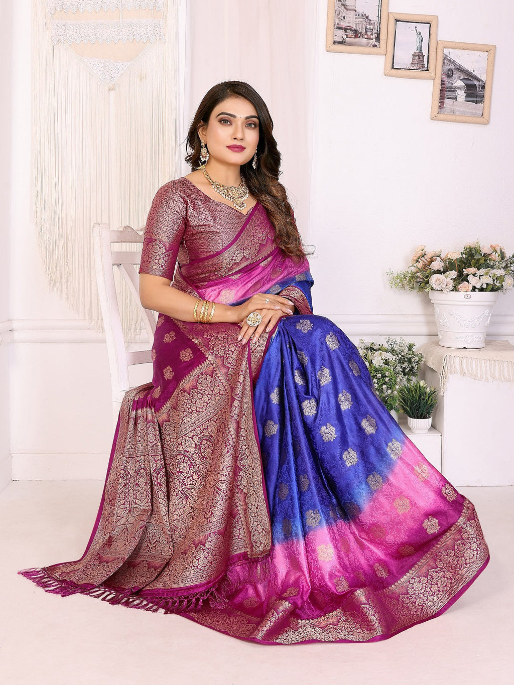 3D Multi Color Soft Satin Silk Dyed Saree with Zari Work