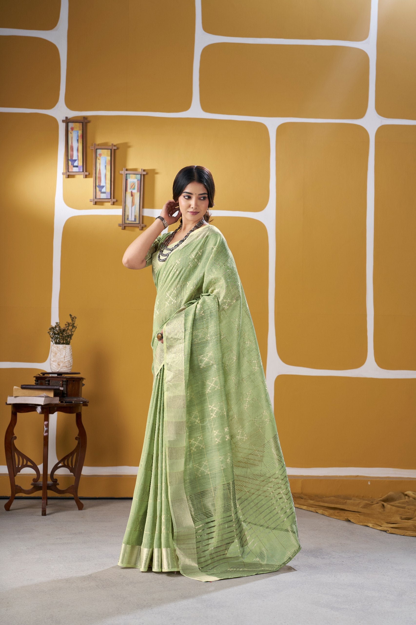 Premium Linen Cotton Silk Saree with Gold Zari Design
