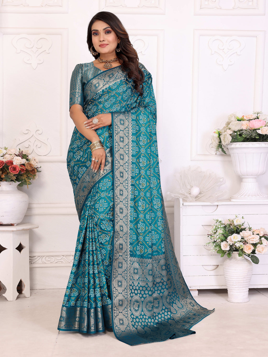 Bandhej Print Soft Satin Silk Saree with Zari Border