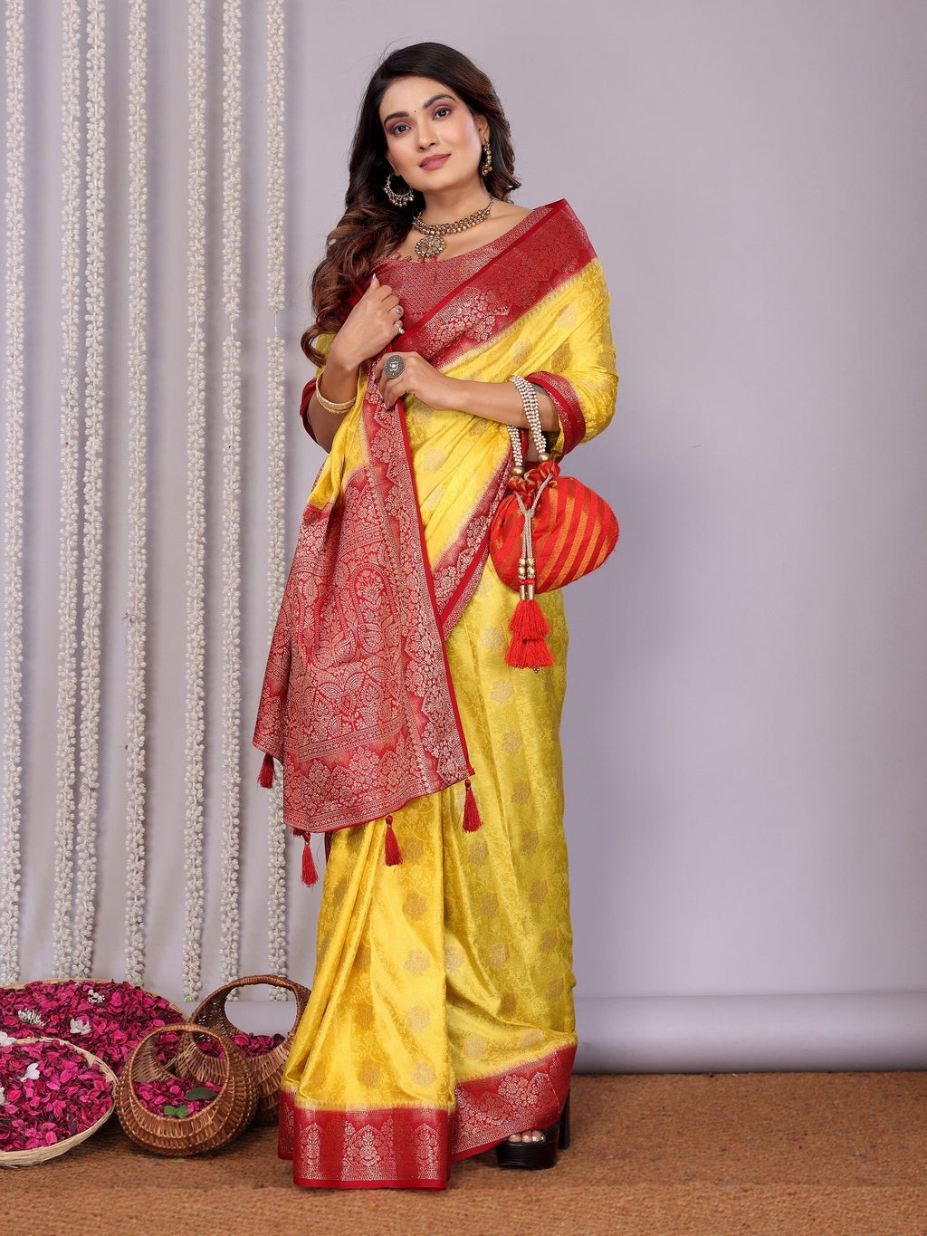Zari Butta and Contrast Border Satin Silk Saree