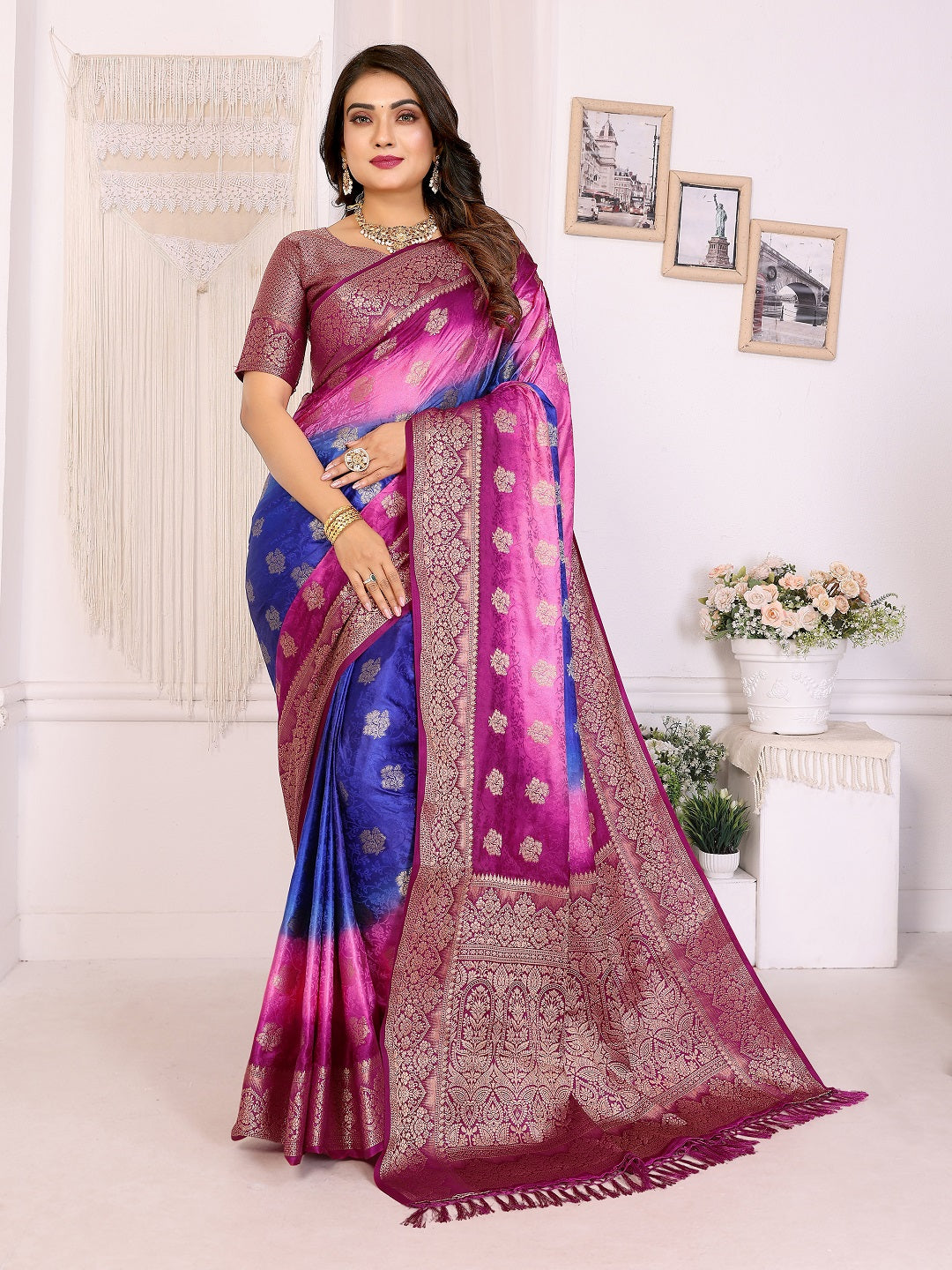 3D Multi Color Soft Satin Silk Dyed Saree with Zari Work