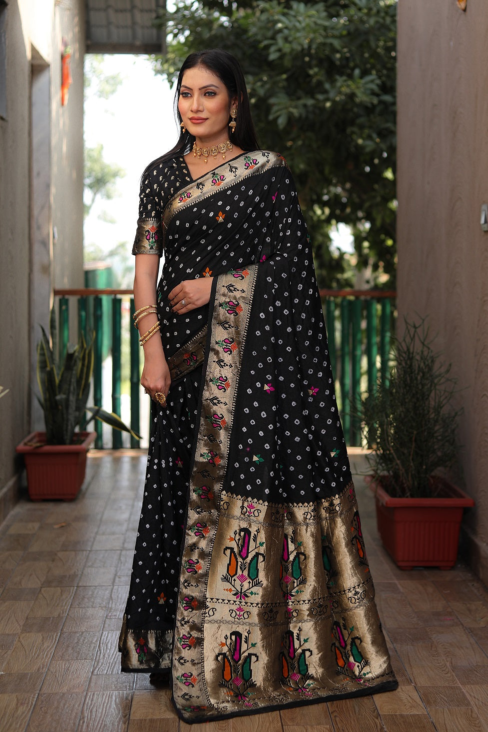 Dola Soft Silk Bandhej Paithani Saree with Zari Butti Secondary image