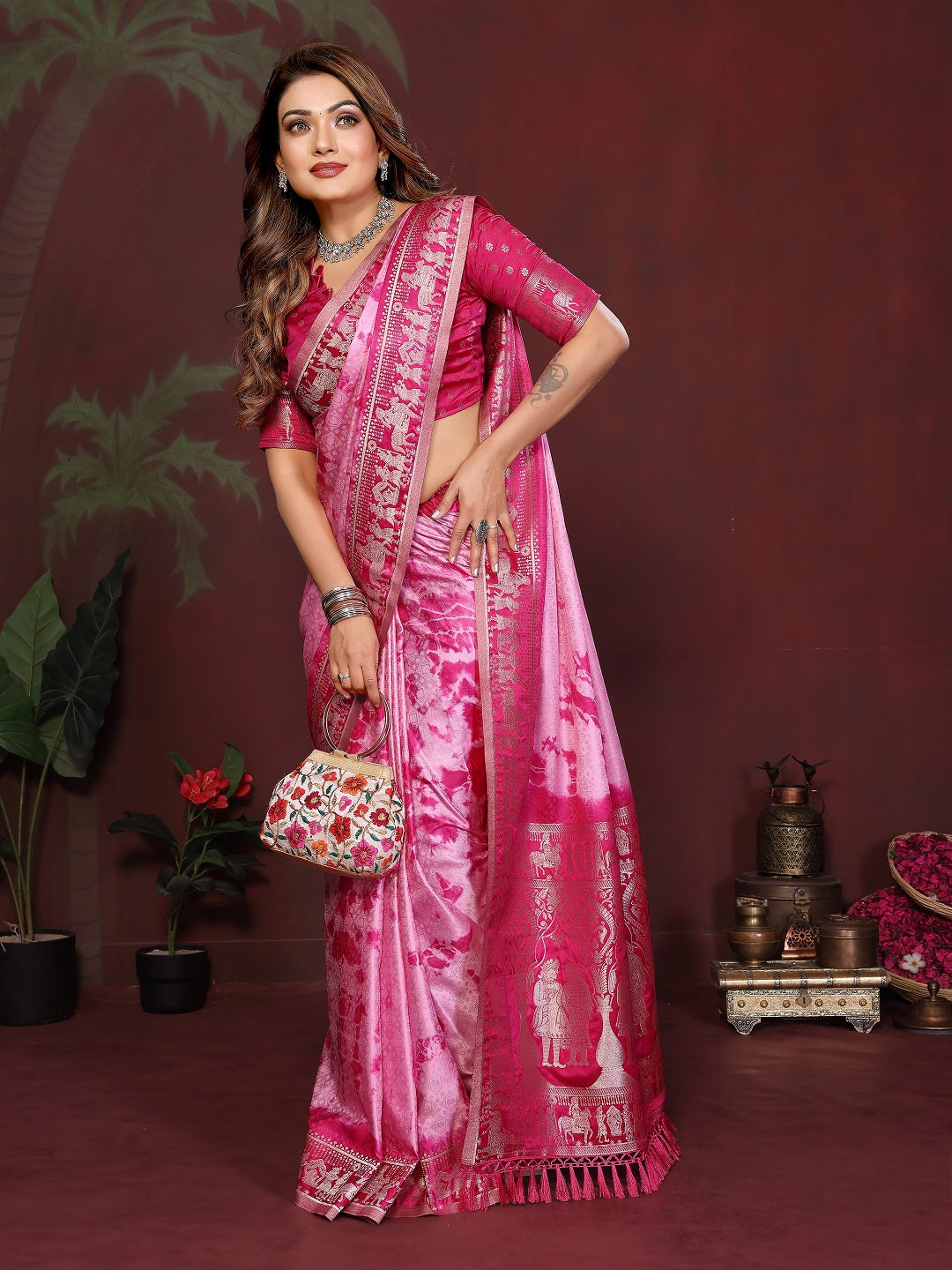Sibori Bandhej Soft Satin Silk Zari Border Saree