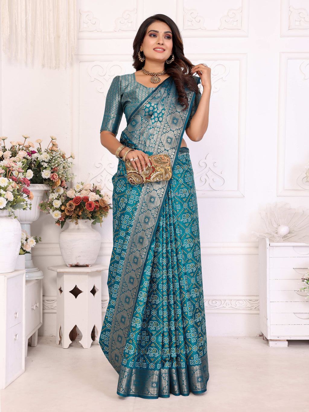 Bandhej Print Soft Satin Silk Saree with Zari Border