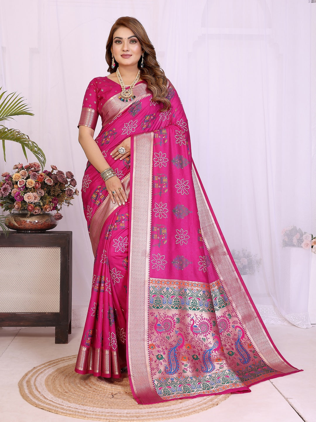 Dola Silk Bandhej Khadi Print Saree with Kanchi Border