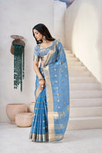 Soft Linen Cotton Silk Saree with Gold Zari Weaving