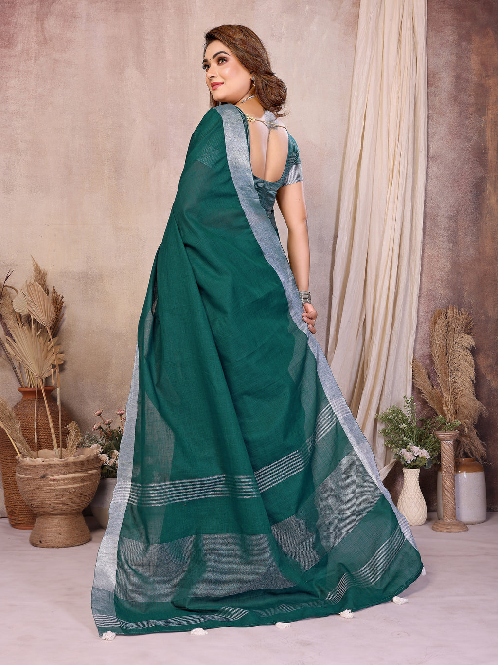 Beauty Soft Linen Cotton Saree with Silver Zari Border