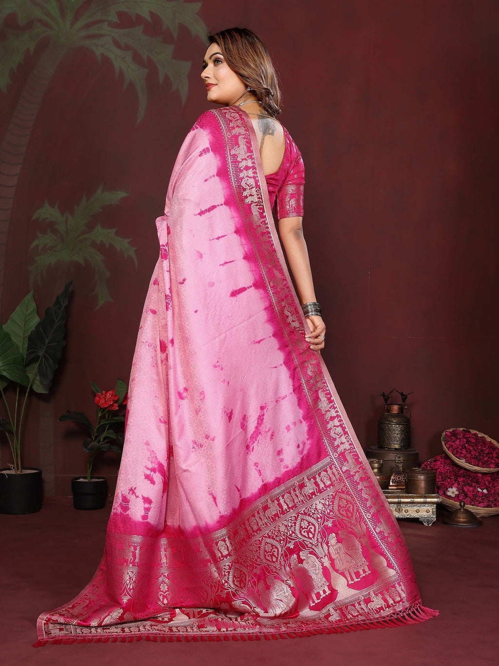 Sibori Bandhej Soft Satin Silk Zari Border Saree