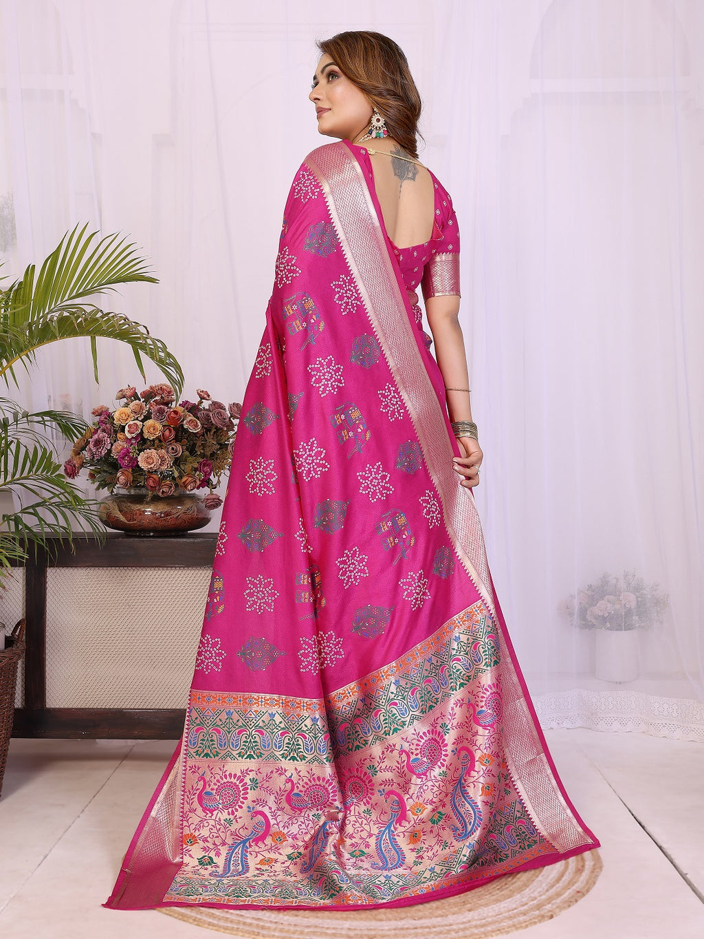 Dola Silk Bandhej Khadi Print Saree with Kanchi Border