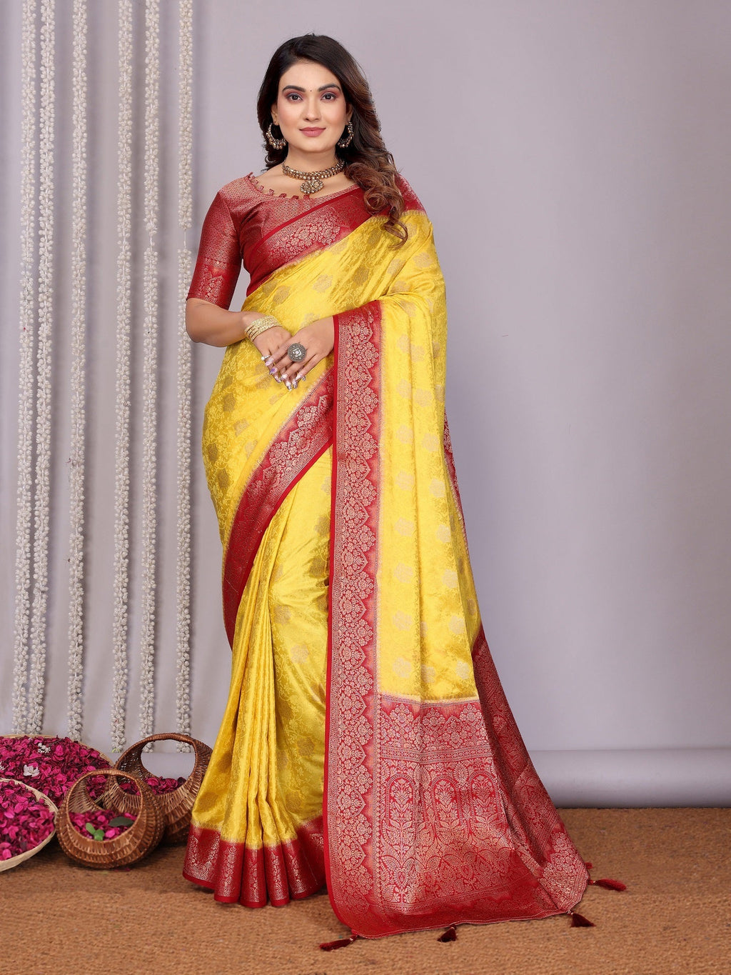 Zari Butta and Contrast Border Satin Silk Saree