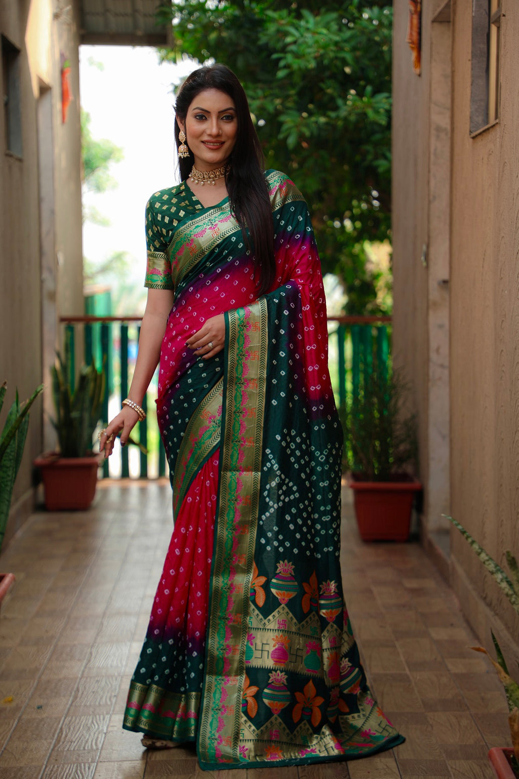 Pure Bandhej Silk Paithani Saree with Minakari Border