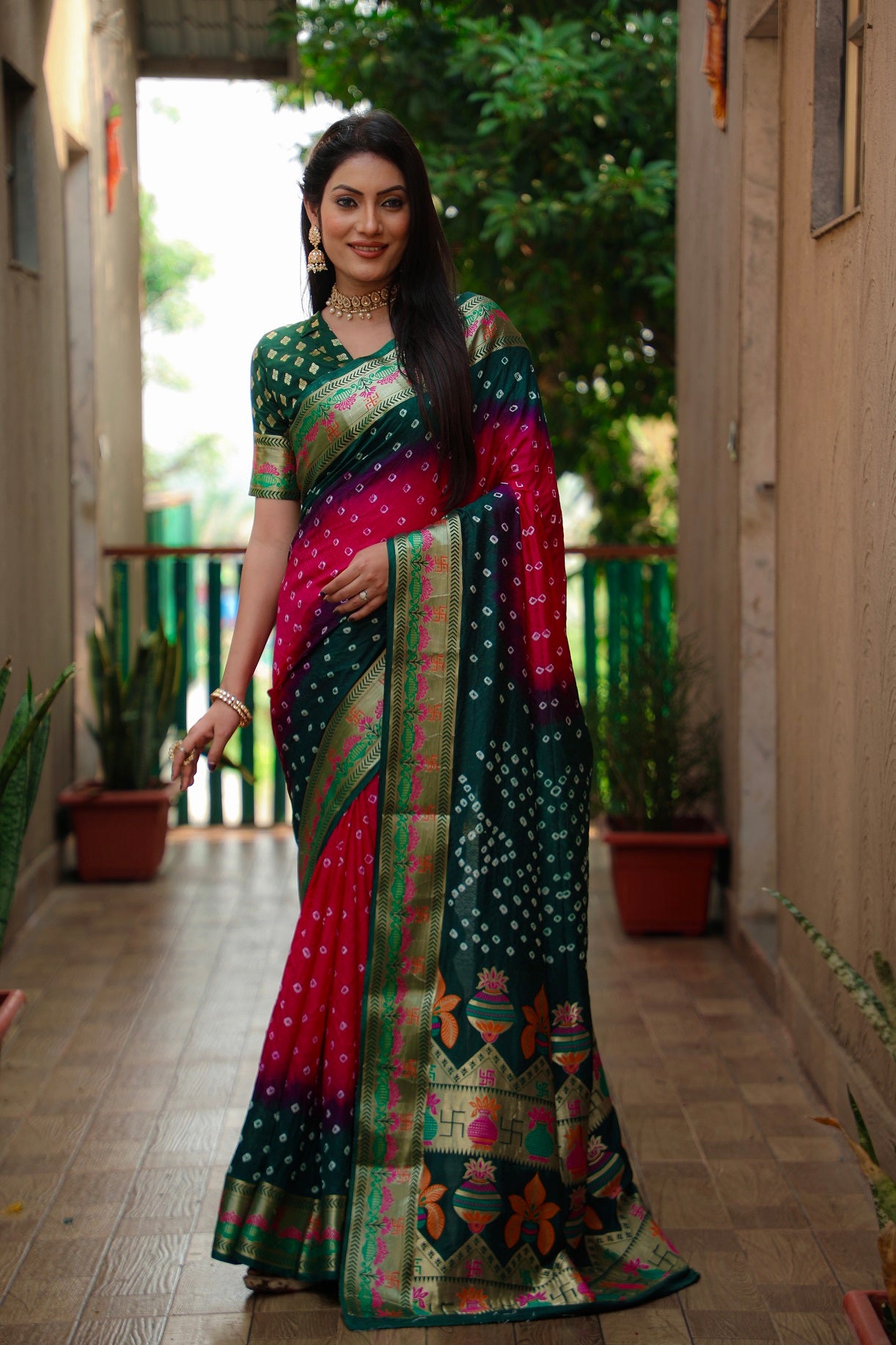 Pure Bandhej Silk Paithani Saree with Minakari Border