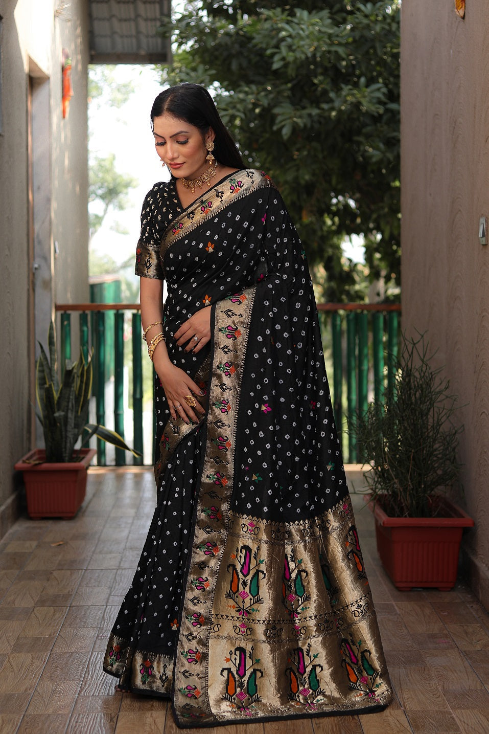 Dola Soft Silk Bandhej Paithani Saree with Zari Butti