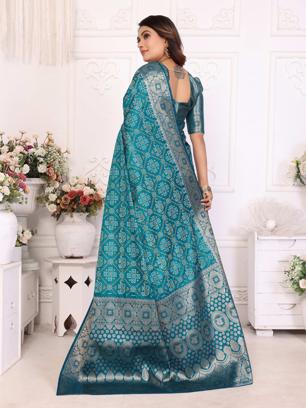 Bandhej Print Soft Satin Silk Saree with Zari Border