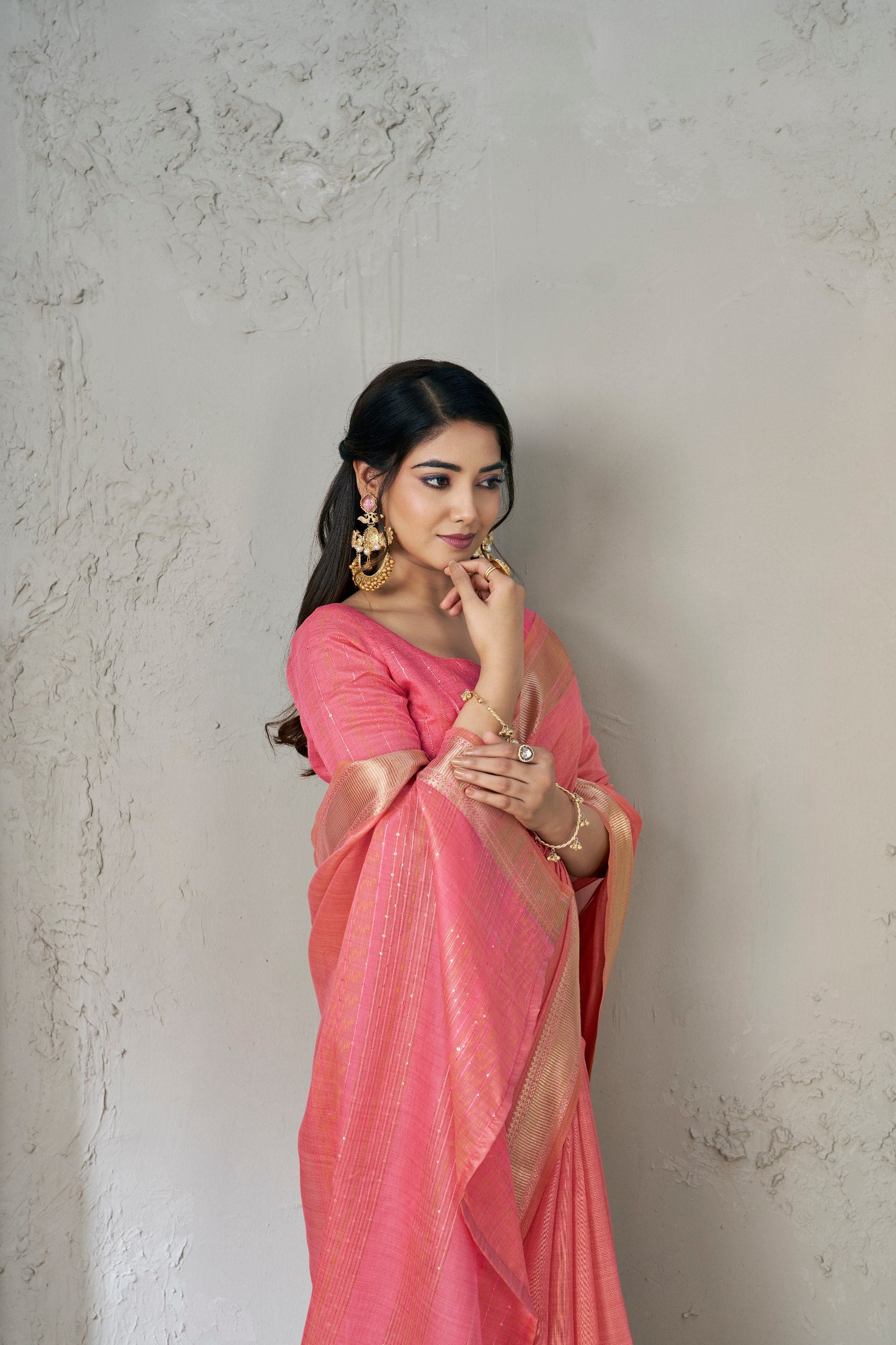 Rich Gold Zari Weaving Soft Linen Cotton Silk Saree
