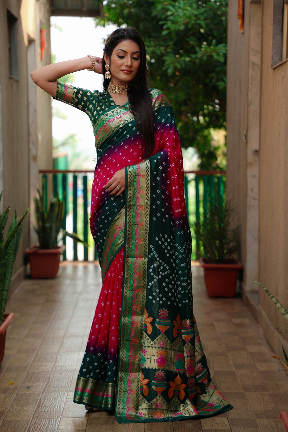 Pure Bandhej Silk Paithani Saree with Minakari Border