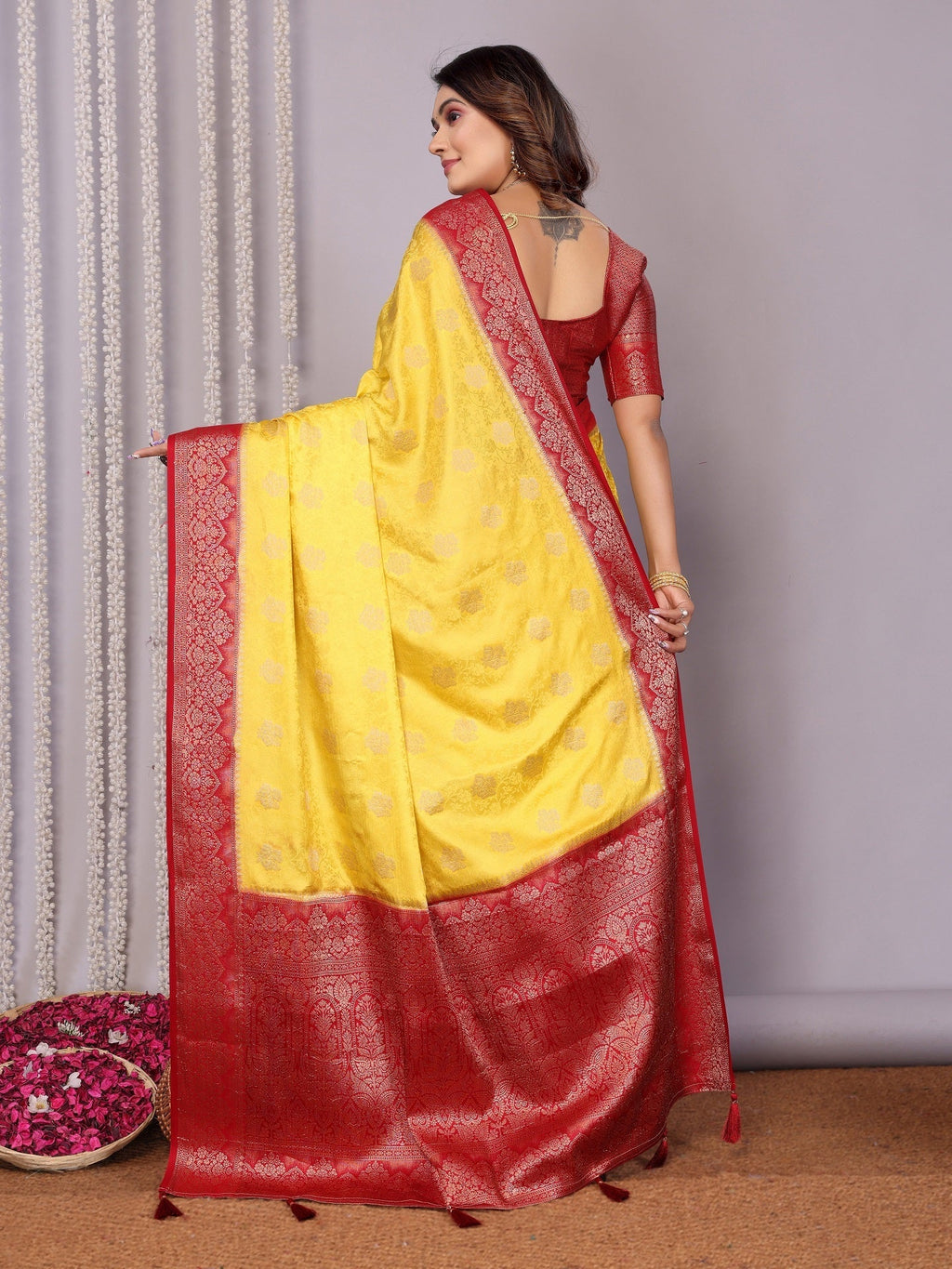 Zari Butta and Contrast Border Satin Silk Saree