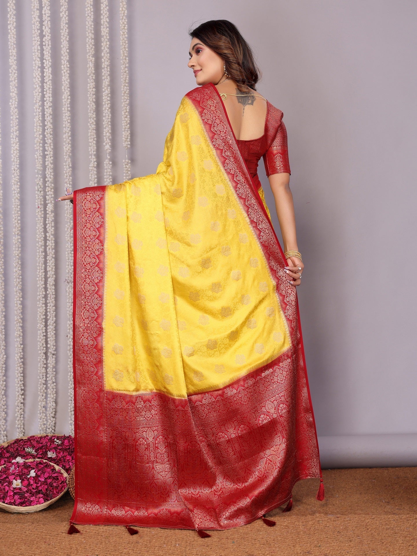 Zari Butta and Contrast Border Satin Silk Saree