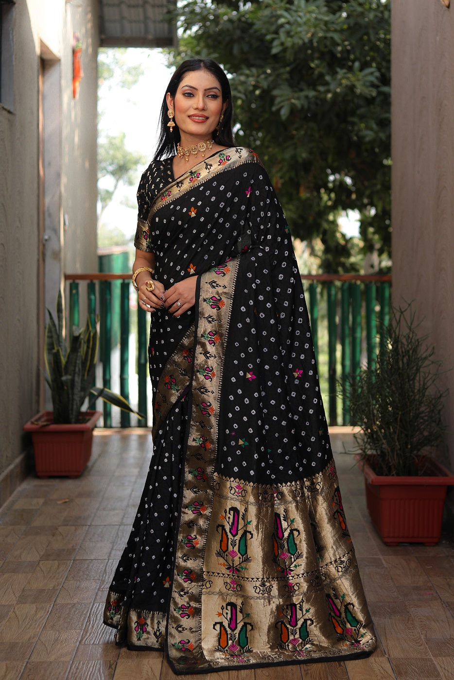 Dola Soft Silk Bandhej Paithani Saree with Zari Butti