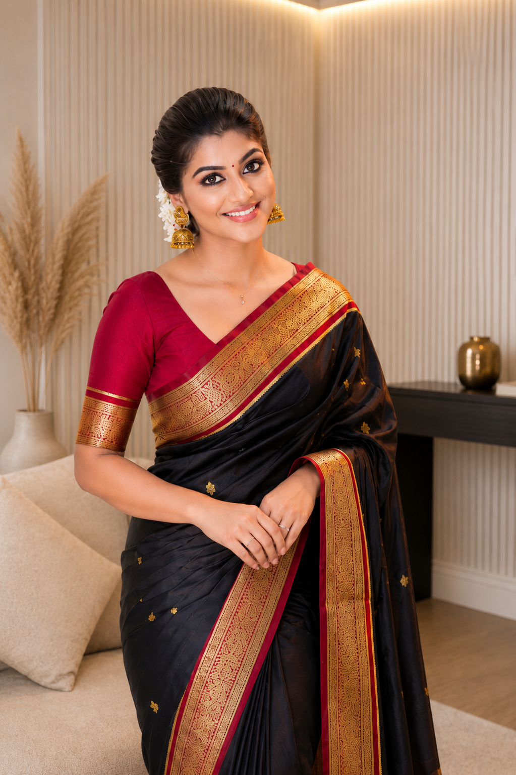 Outstanding Black Soft Banarasi Silk Saree With Lovely Blouse Piece