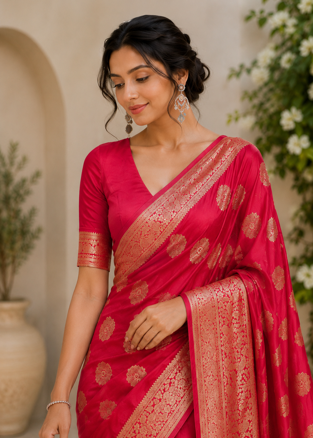 A glam Red Soft Silk Saree With Classic Blouse Piece