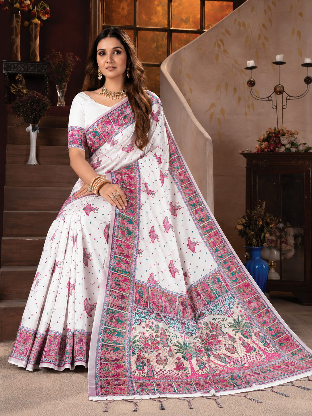 Scrupulous Off White Pashmina Saree With Evocative Blouse Piece