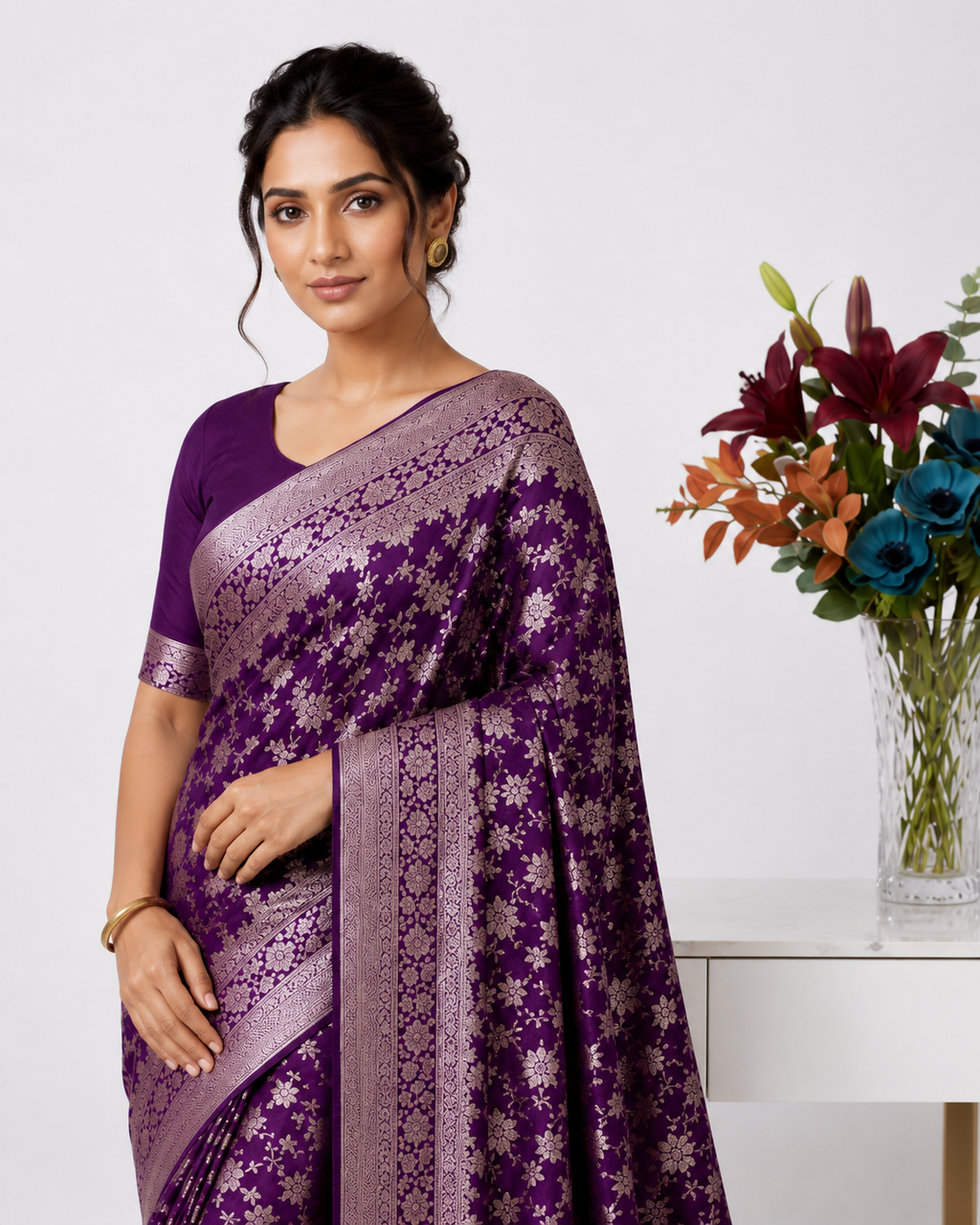 Effervescent Wine Soft Banarasi Silk Saree With Elision Blouse Piece