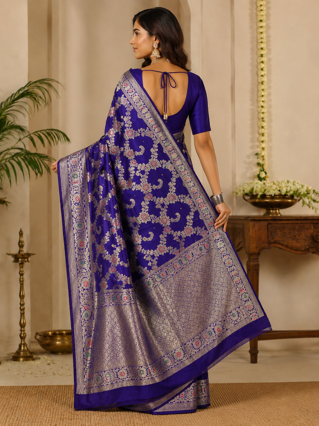 Royal Banarasi Silk Saree with Floral Mina Design Secondary image