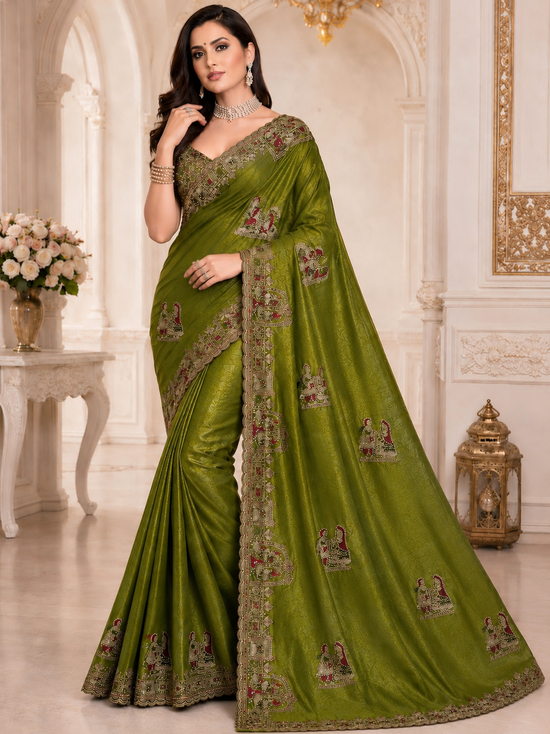 Green Tesla Silk Embroidered Saree