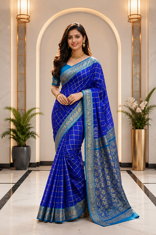 Kanjivaram Soft Silk Blue Saree with Gold Zari Chex Weaving