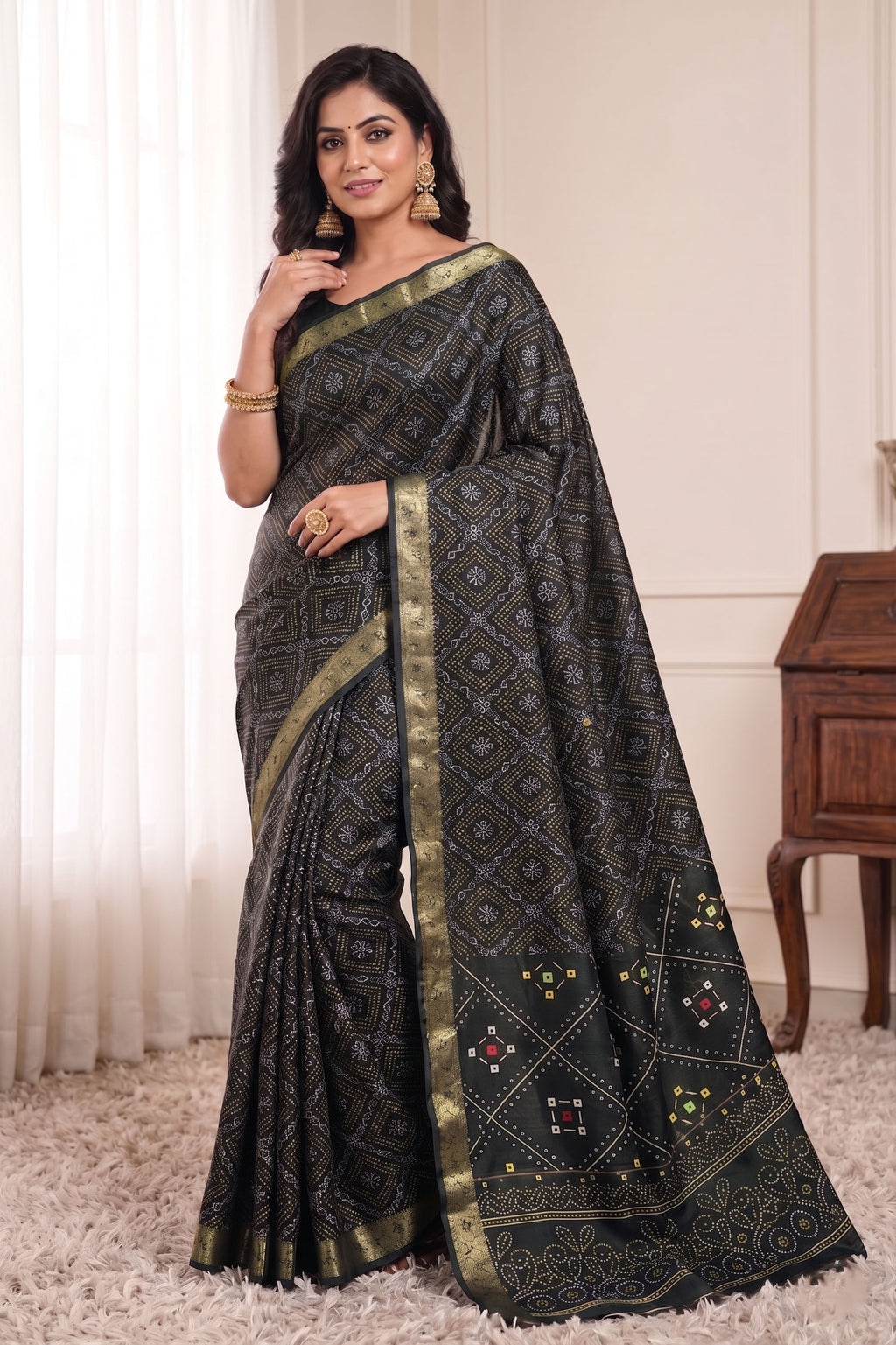 Bandhani Print Soft Silk Blend Saree with Rich Golden Zari Border