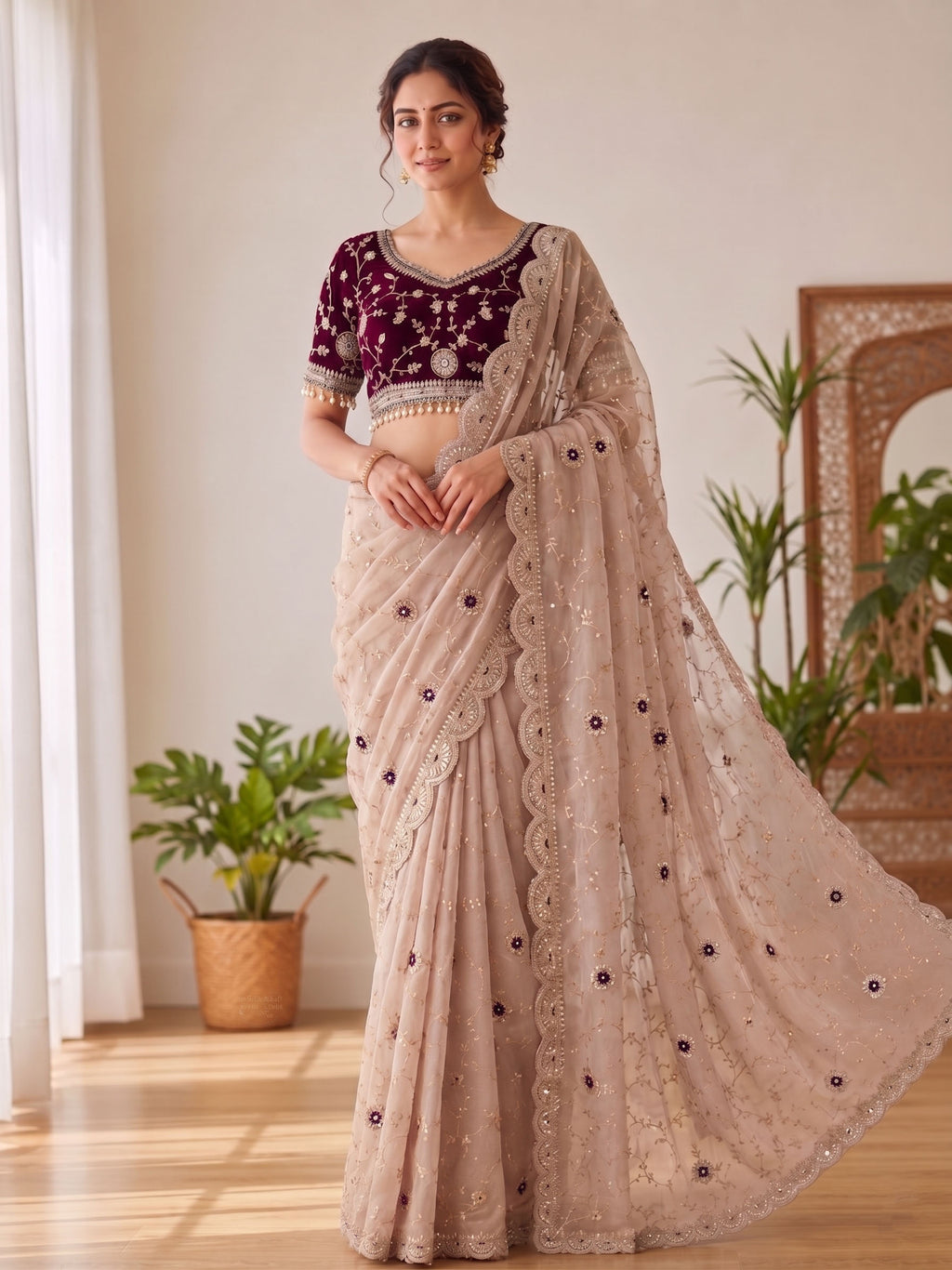 Embroidered Satin Saree with Heavy Sequin Blouse
