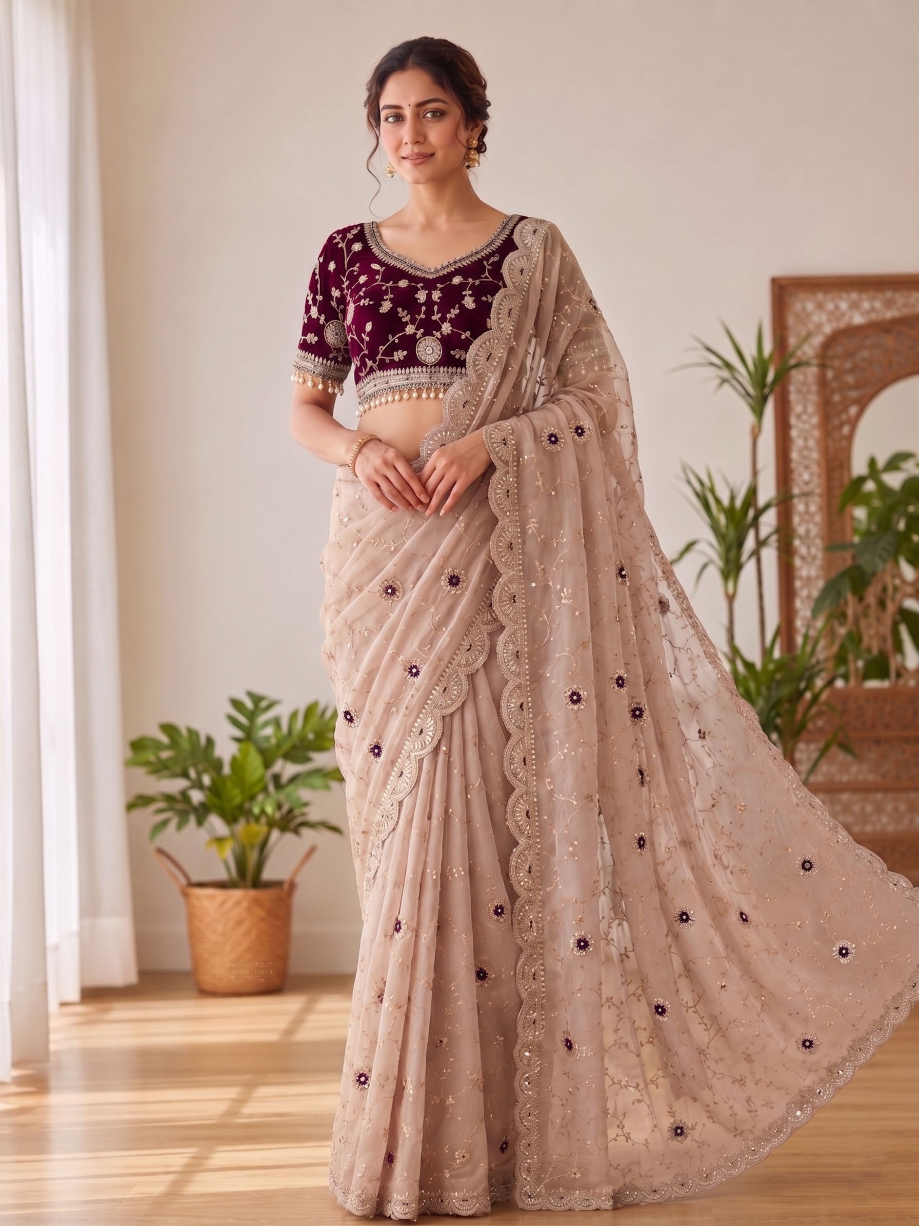 Embroidered Satin Saree with Heavy Sequin Blouse