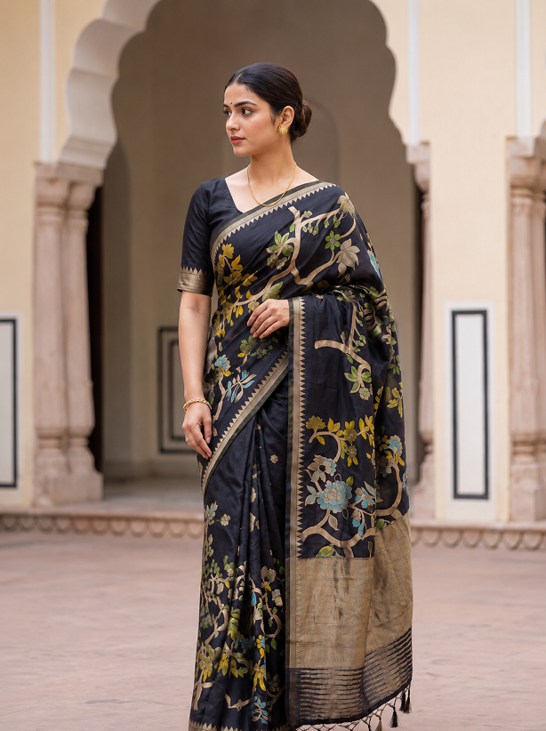 Hand Dyed Khadi Crepe Silk Saree with Bird Motifs