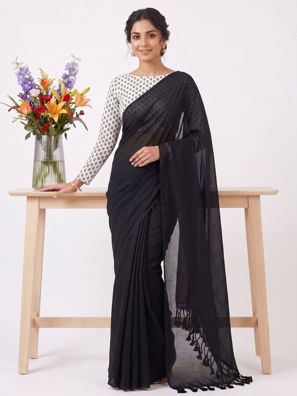 Elegant Khadi Cotton Saree with Stretchable Ajrak Print Blouse