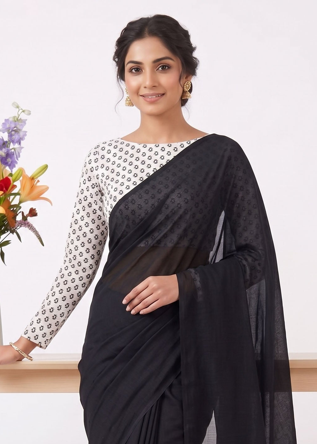Elegant Khadi Cotton Saree with Stretchable Ajrak Print Blouse