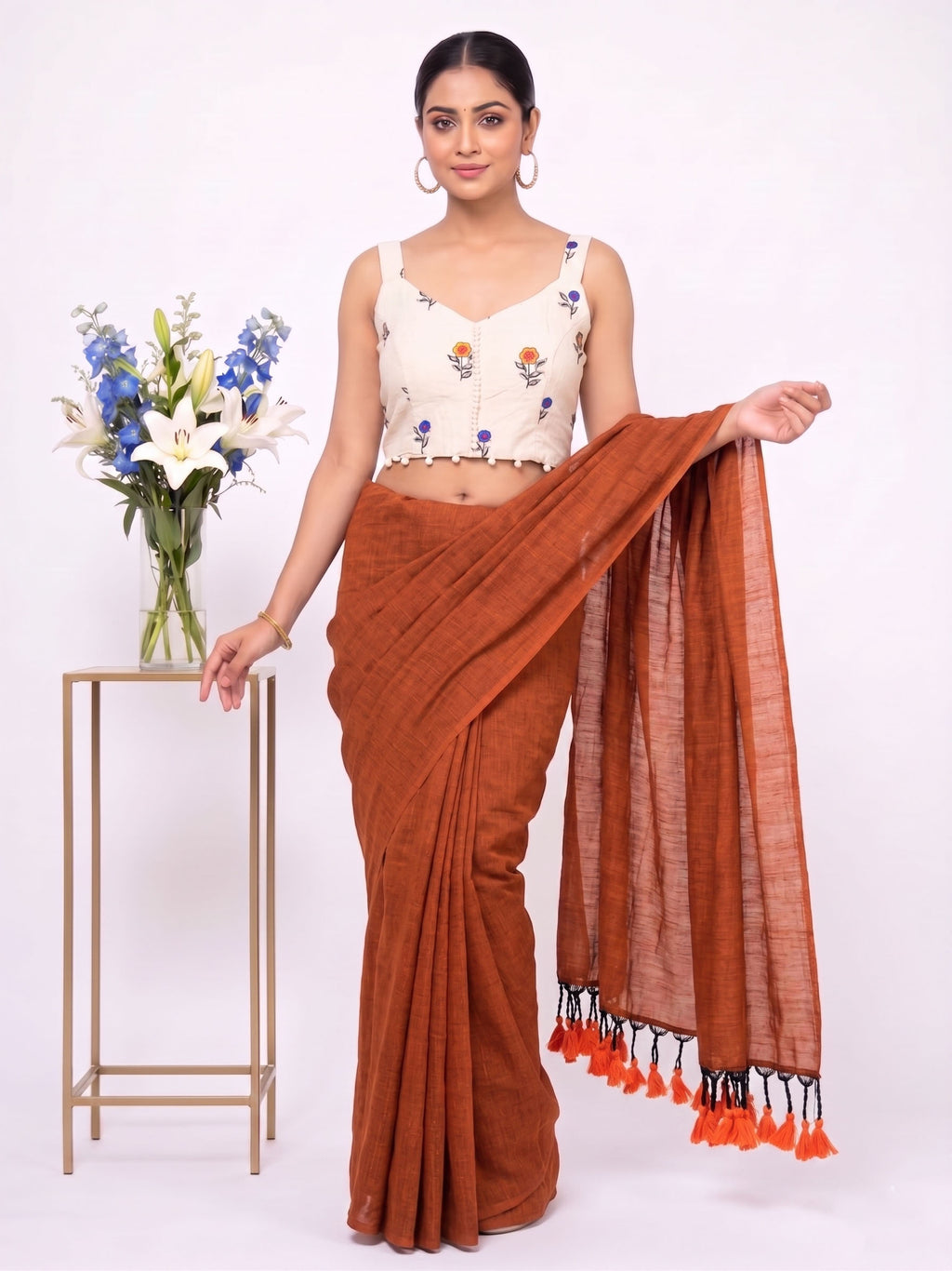Khadi Cotton Saree with Designer Embroidered Sleeveless Blouse