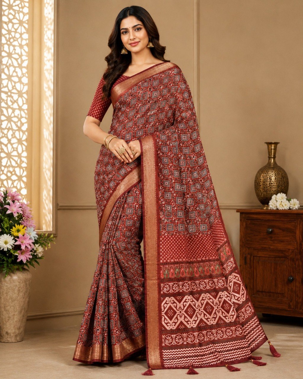 Premium Ajrakh Print Silk Blend Saree