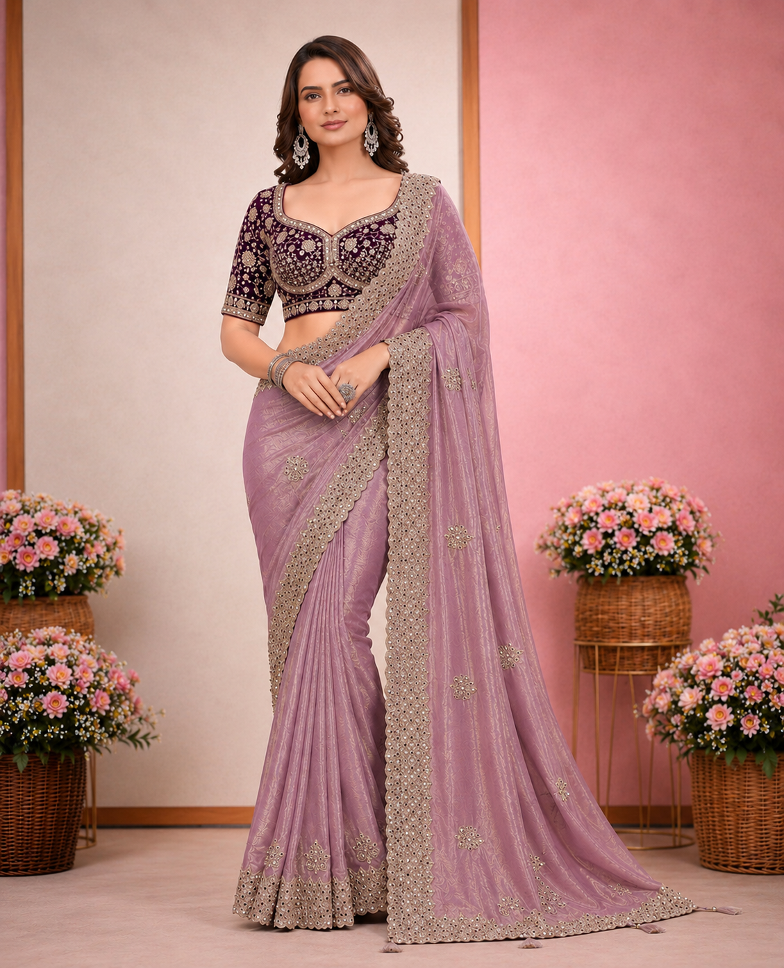 Elegant Satin Embroidered Saree with Sequins Border