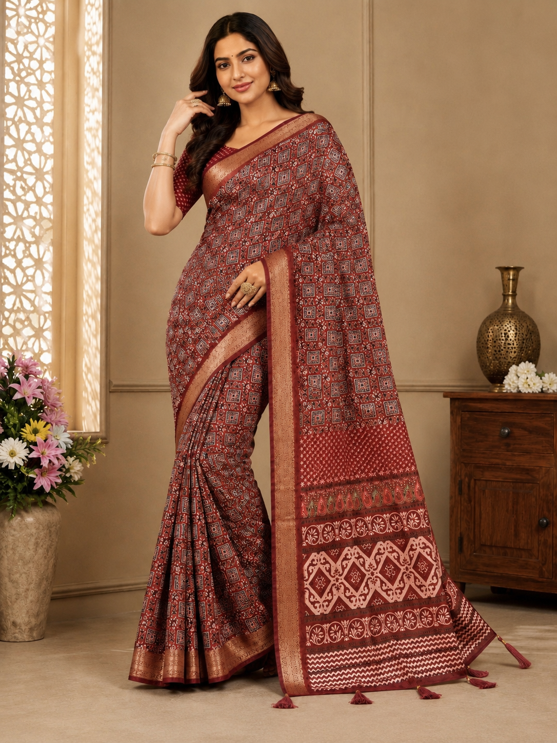 Premium Ajrakh Print Silk Blend Saree