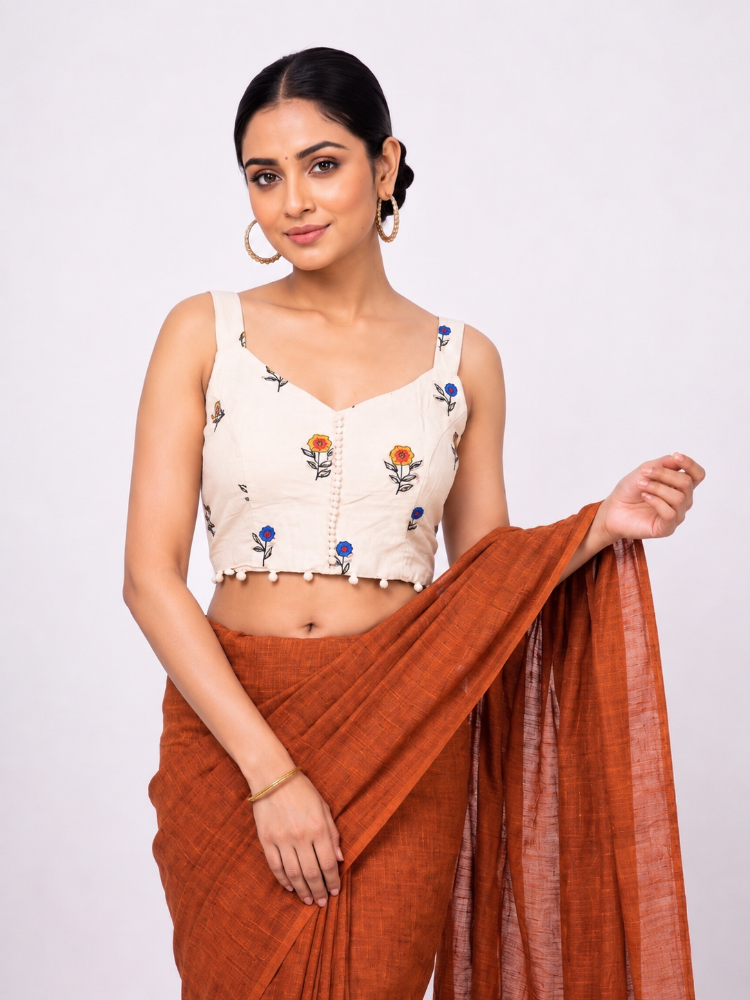 Khadi Cotton Saree with Designer Embroidered Sleeveless Blouse