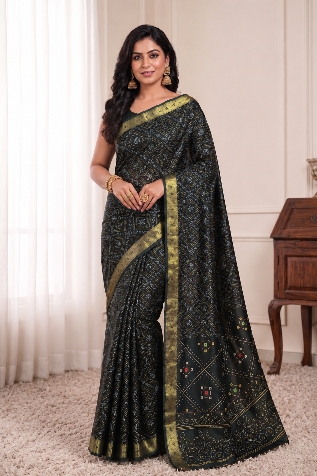 Bandhani Print Soft Silk Blend Saree with Rich Golden Zari Border