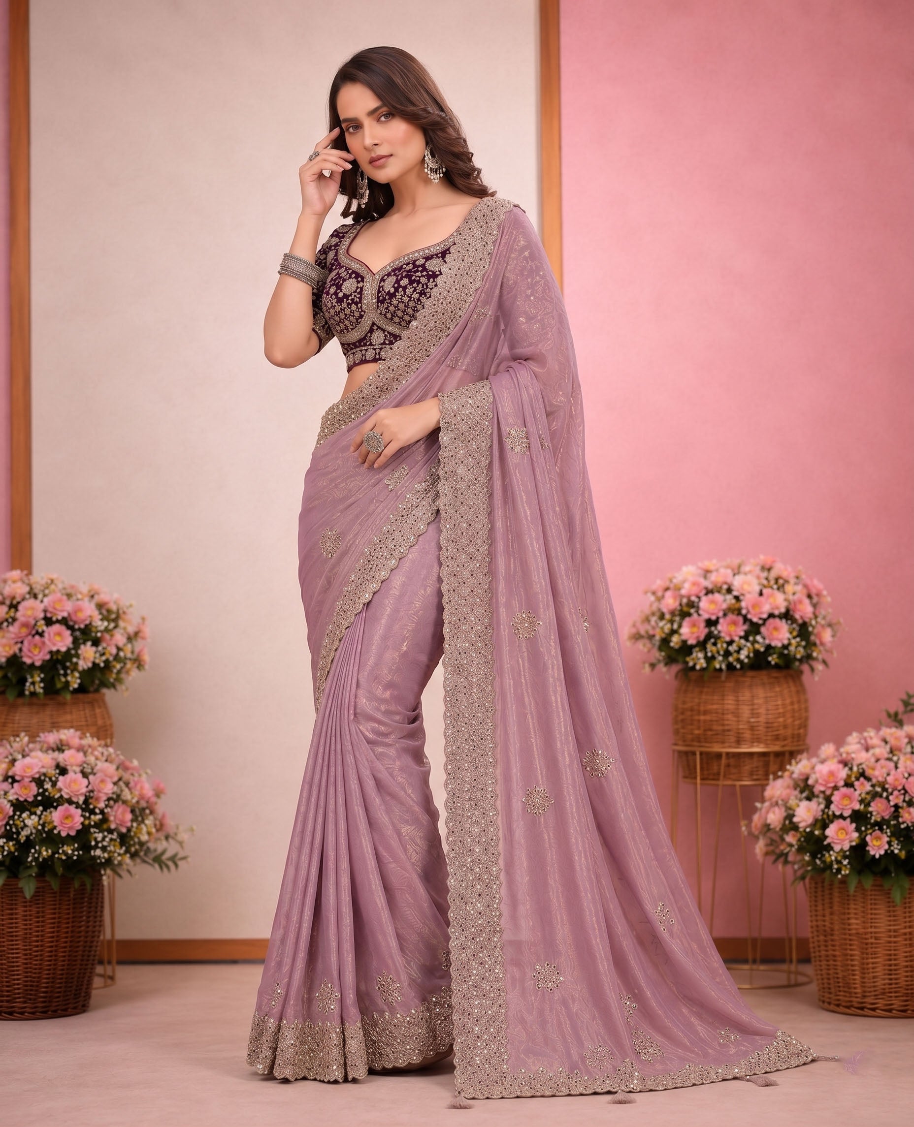 Elegant Satin Embroidered Saree with Sequins Border