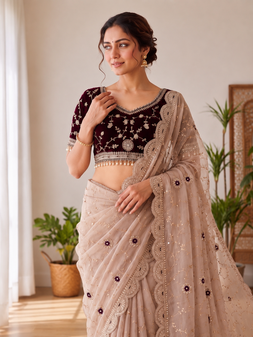 Embroidered Satin Saree with Heavy Sequin Blouse