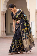 Hand Dyed Khadi Crepe Silk Saree with Bird Motifs