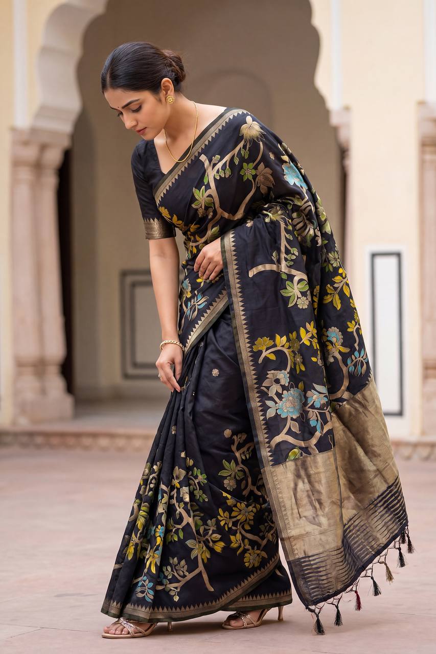 Hand Dyed Khadi Crepe Silk Saree with Bird Motifs