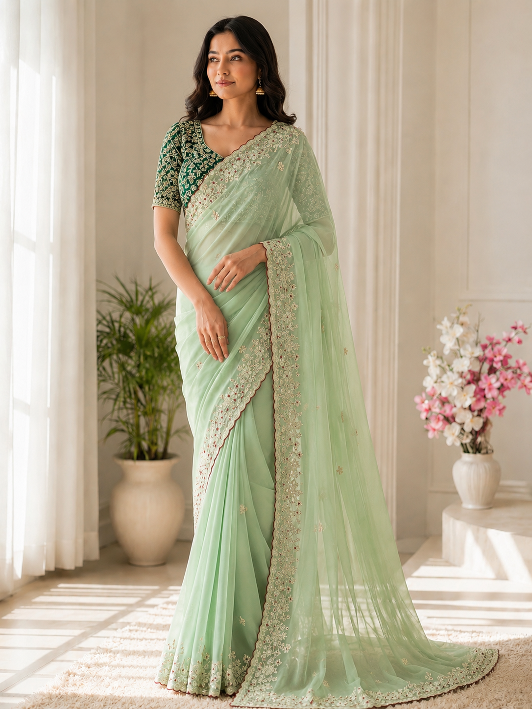 Fandy Satin C-Pallu Saree and Designer Stitched Blouse