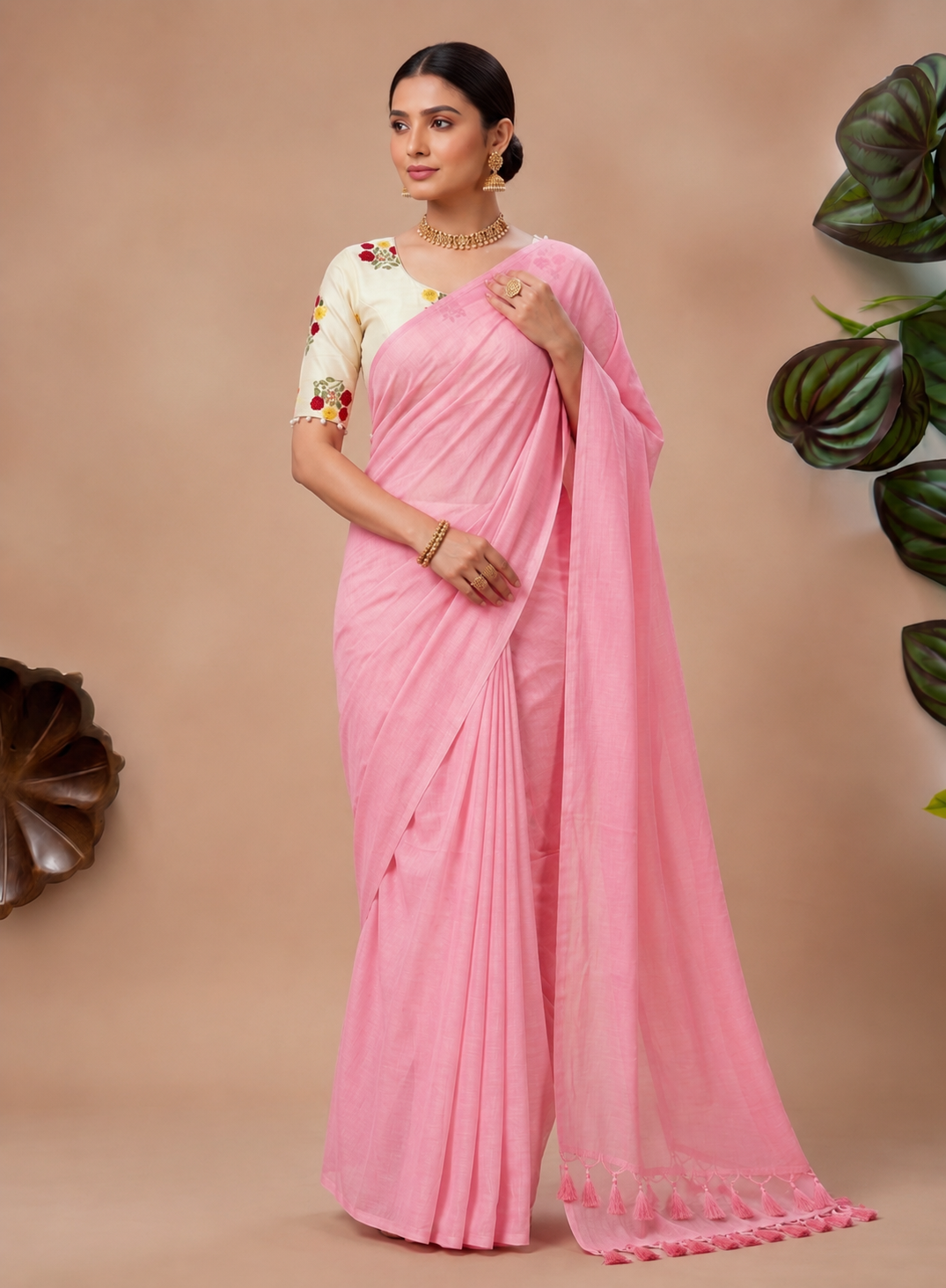 Elegant Khadi Cotton Saree with Embroidered Padded Blouse