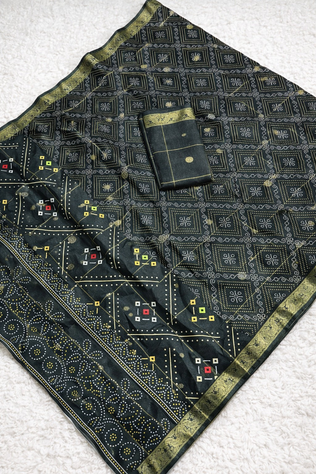 Bandhani Print Soft Silk Blend Saree with Rich Golden Zari Border