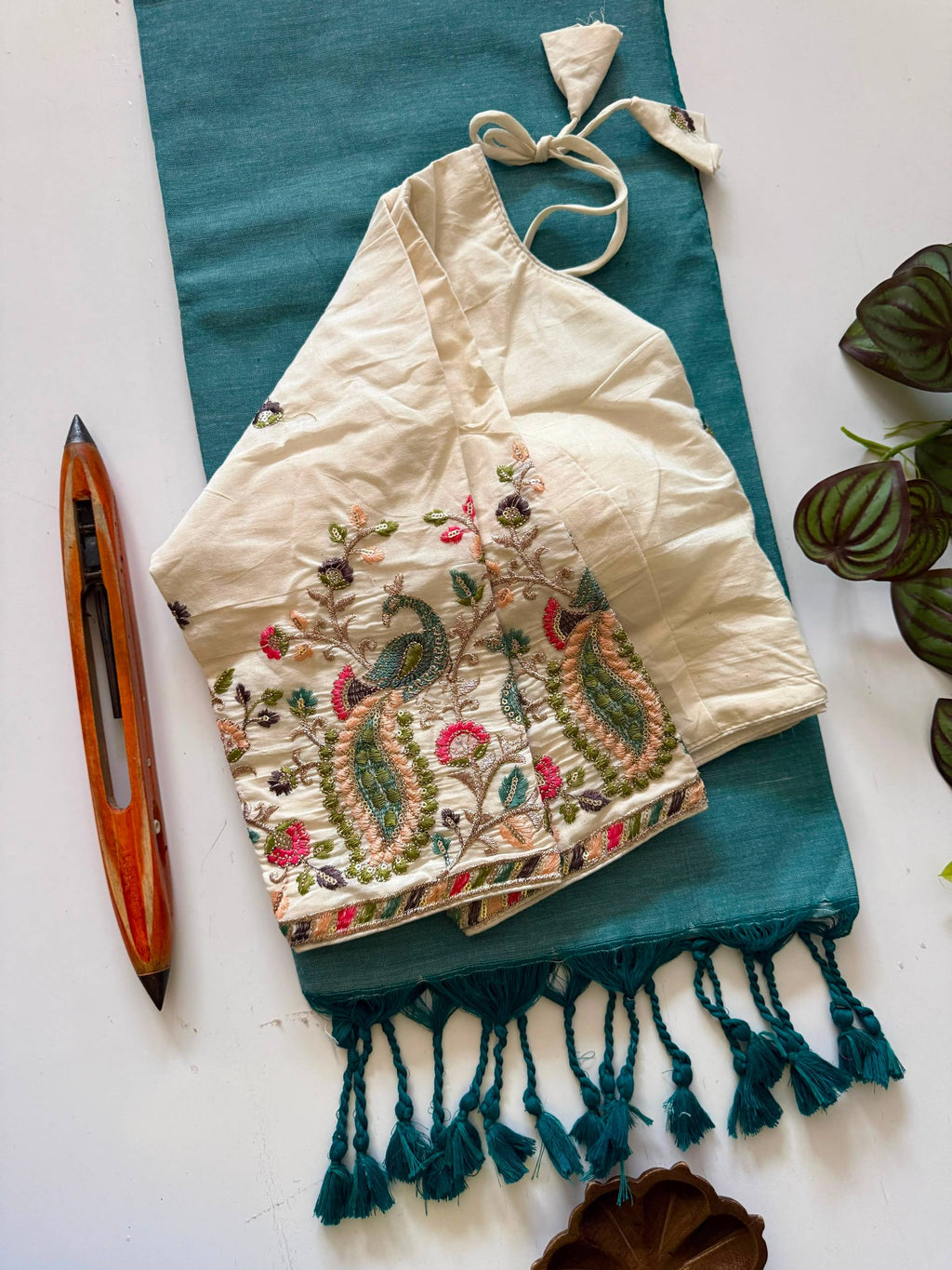 Khadi Cotton Saree with Embroidered Padded Blouse